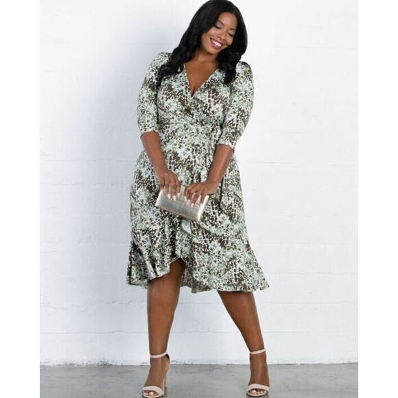 Kiyonna Dress Flirty Flounce Size 10/12 True Wrap Green Medley Print Ruffle Hem - Picture 9 of 10